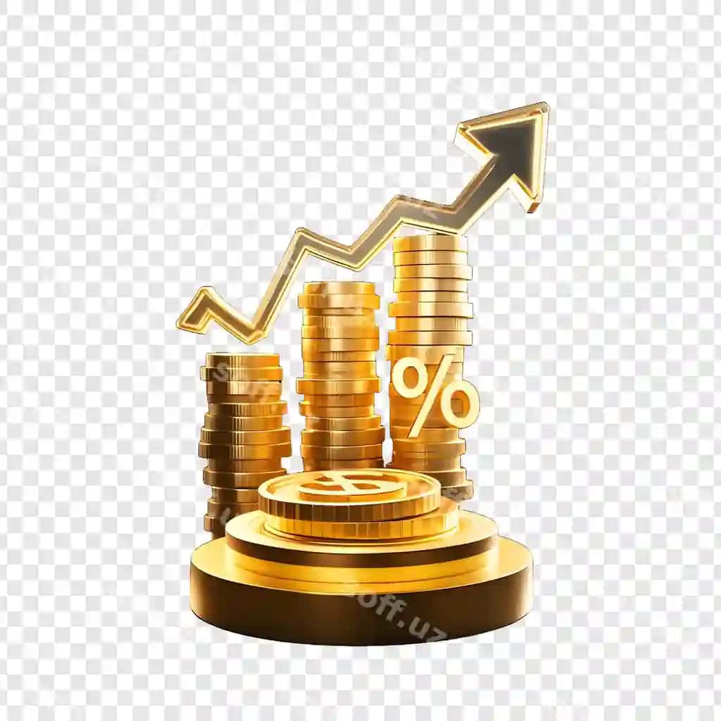 Oltin tangalar oltin stoykada o'a pastga yo'nalgan | Gold coins gold pedestal with arrow pointing down