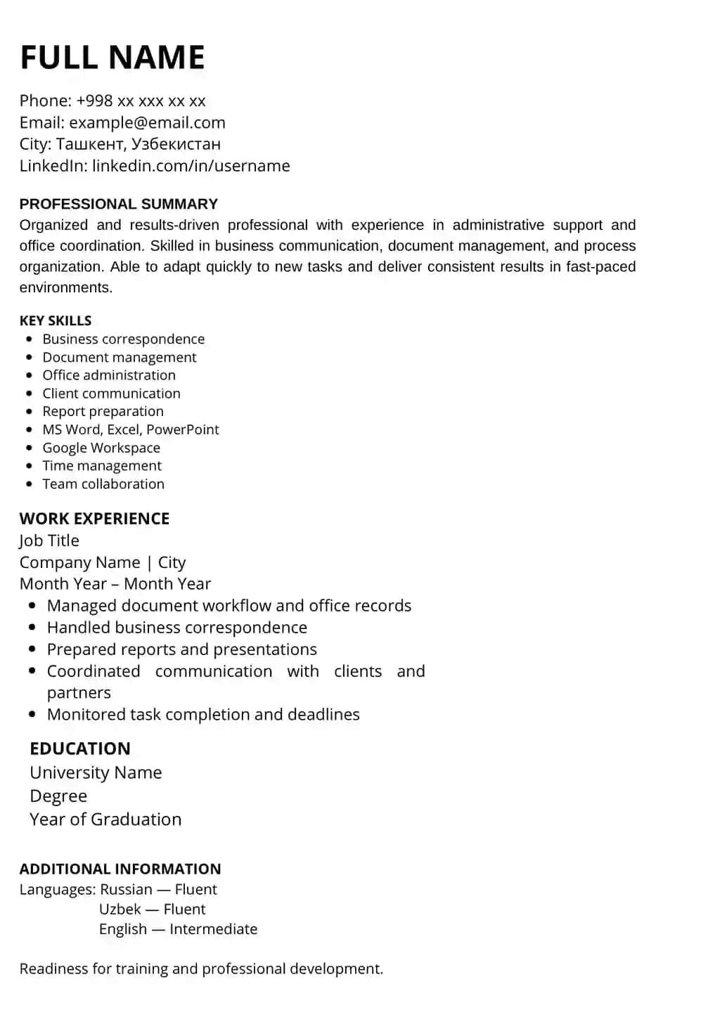 ATS Office CV Template (English)