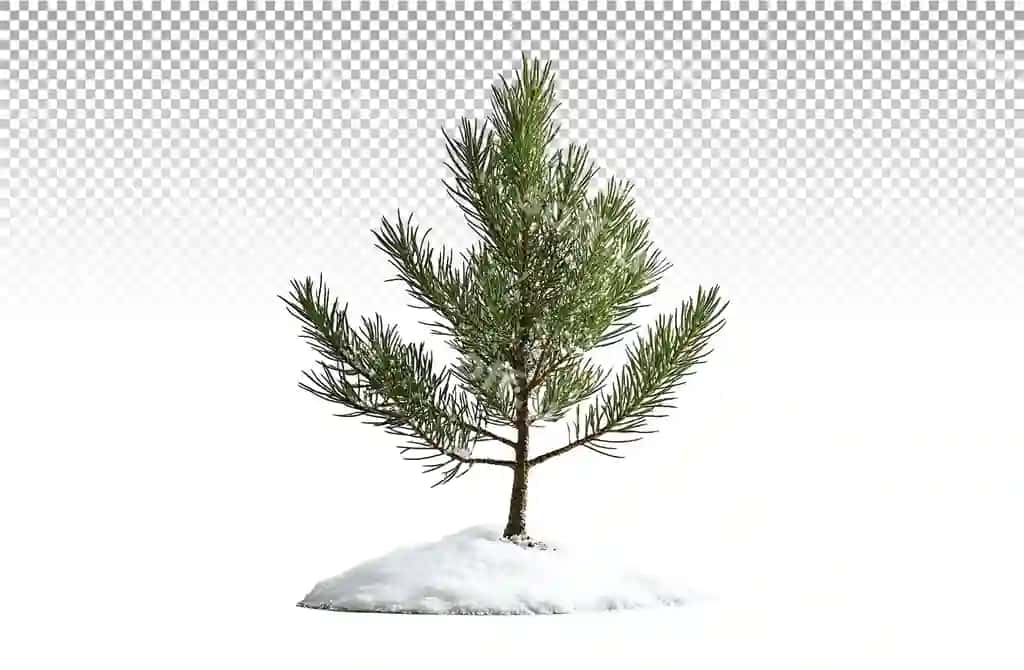 Kichik tuyaqli daraxt qorliq tog'likda ajralgan shaffof fonda turibdi | Small pine tree is standing snowy hill isolated transparent background