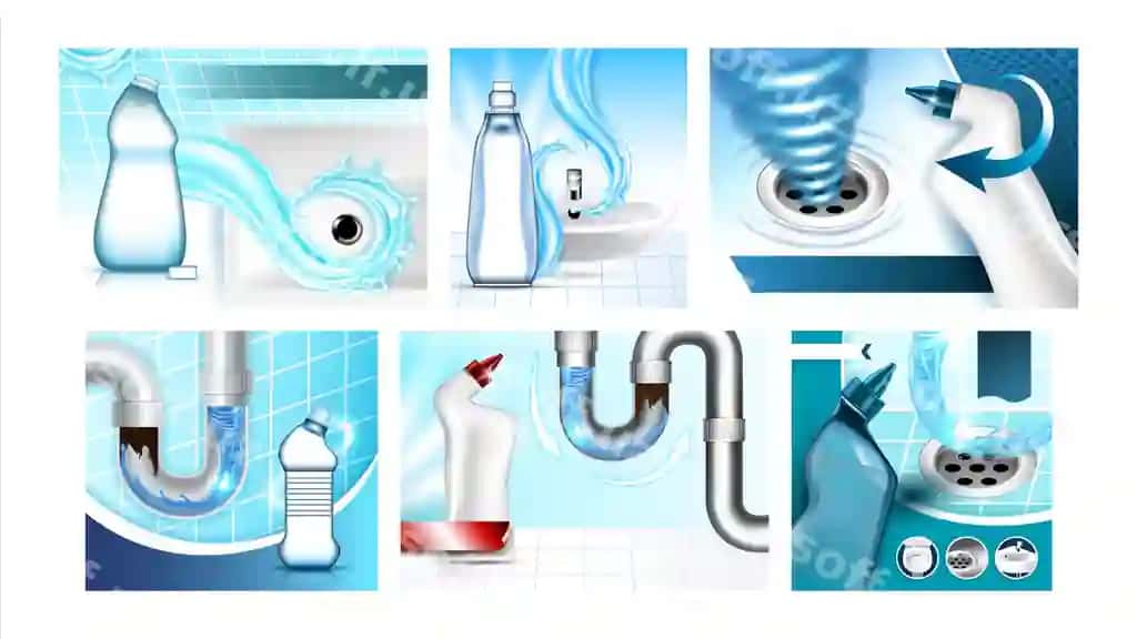 Band kanal tozalash vositi reklama afsuslari to'plami vektor kanal tozalash suvi | Clogged drain cleaner promo posters set vector drain cleaning liquid