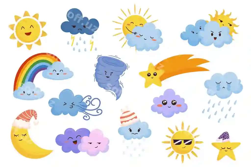 Ob-hava karyokat qahramonlari turli xil ob-havo sharoitlarini tasvirlovchi | Cartoon weather characters depicting various weather conditions