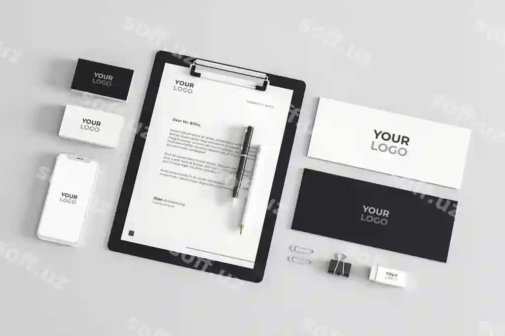 Qog'oz buyurtma namunasi qora oq kompaniya biznesi telefon bilan | Stationery mockup black white company business with phone
