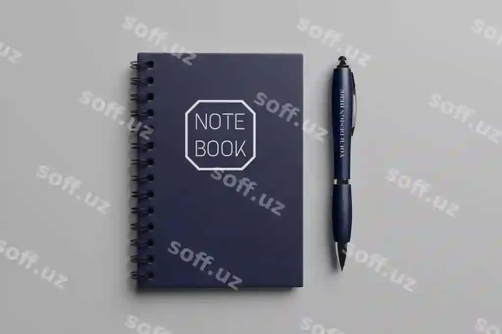 Daftar ruchkasi bilan namuna | Note book with pen mockup 2