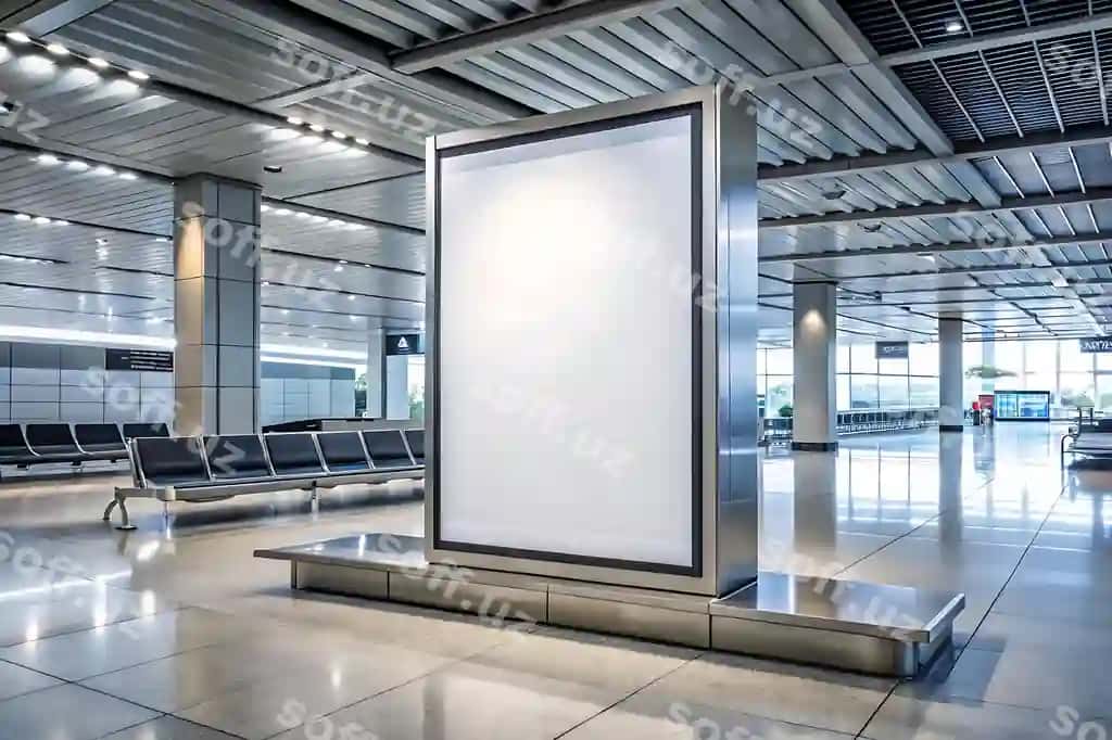 Bo'sh billboard zamonaviy aeroport terminali reklamasi | Blank billboard modern airport terminal advertising