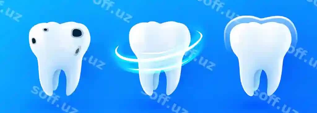 D haqiqiy vektor sog'iq yorqin tish kariesi shifoda himoyasi | D realistic vector healthy glowing tooth caries healing protection