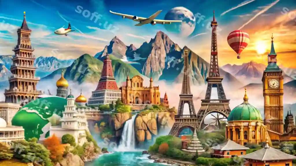 Hayotli mosalas mashhur manzillar sayohat elementlari | Vibrant collage famous landmarks travel elements