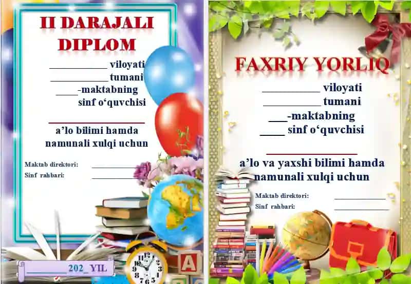 Faxriy yorliq, Tashakkurnoma, Maqtov yorlig'i, DIPLOM shablonlari 6 in 1, oltitasi bittada