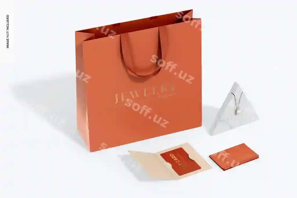 Ziravor sumkasi sovg'a kartasi namuna perspektivasi | Jewelry bag gift card mockup perspective