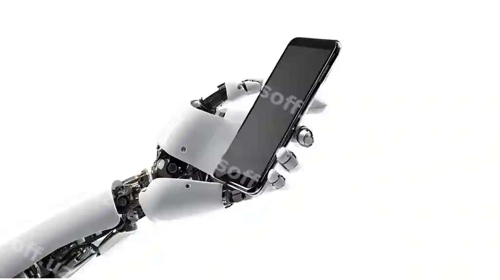 Kelajakchi robot bo'sh ekranli akilli telefonni tutgan | Futuristic robot holding smartphone with blank screen 2