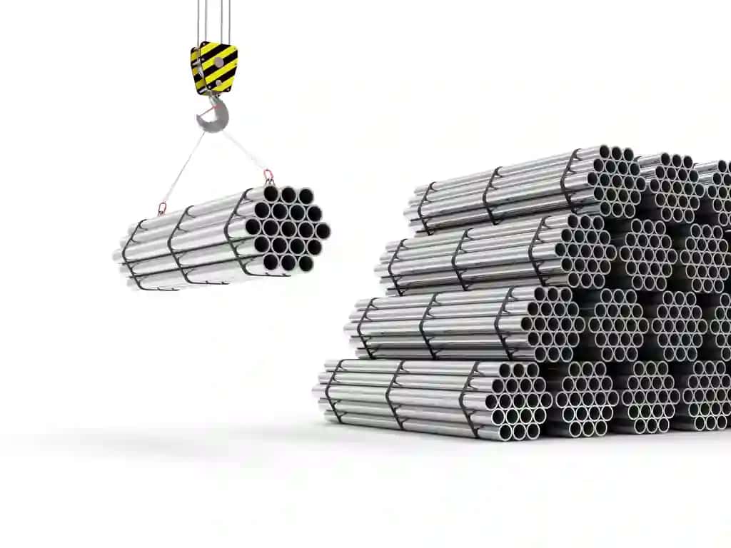 Oq fonda izolyatsiyalangan po'lat metall naychali kran kancasi | Crane hook with stack steel metal tubes isolated white background