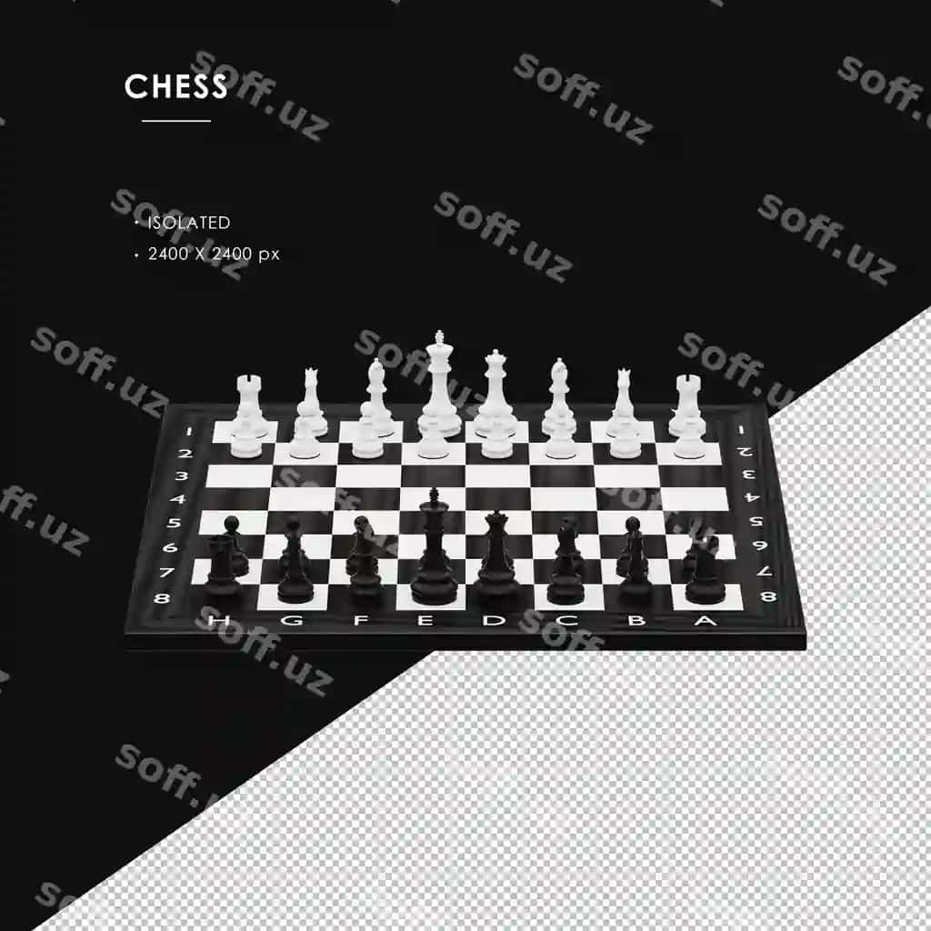 Ajraltirilgan qora-oq shaxmatlar yuqori old burchakdan | Isolated black white chess set from top front angle 2
