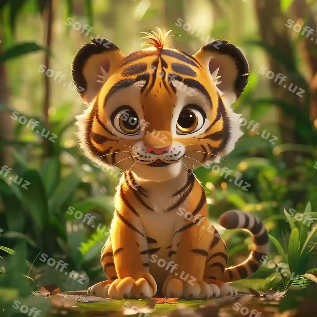 Jungli farovonlik dinch karyakatur illustratsiyasi chaqaloq buzmotron rangli o'rmon | Jungle jubilance lively cartoon illustration baby tiger colorful forest