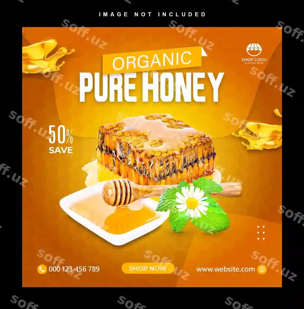 Organik med post uchun ijtimoiy tarmoqlar banneri dizayn shabloni | Organic honey post social media banner design template 2