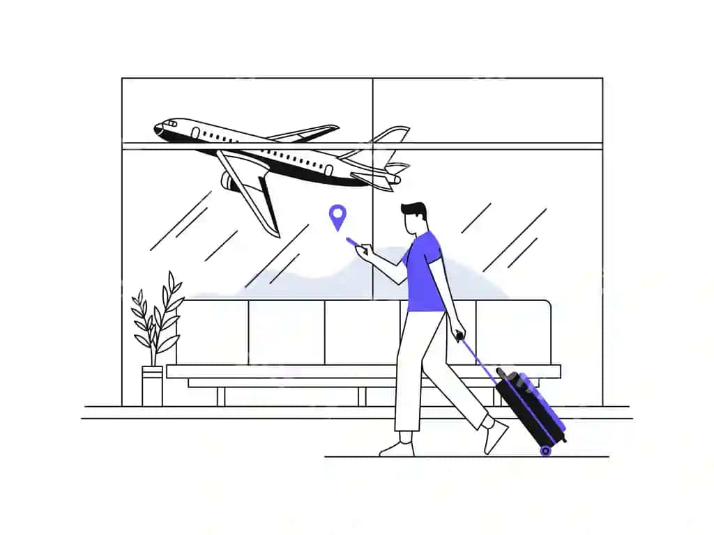 Er yuradi aeroportdagi samolyot bagaj bilan illustratsiyasi | Man walking airport plane with suitcase illustration