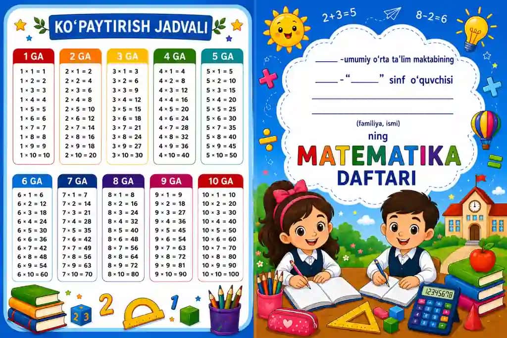 boshlangʻich sinf uchun matematika va yozuv daftarlari uchun qoplama