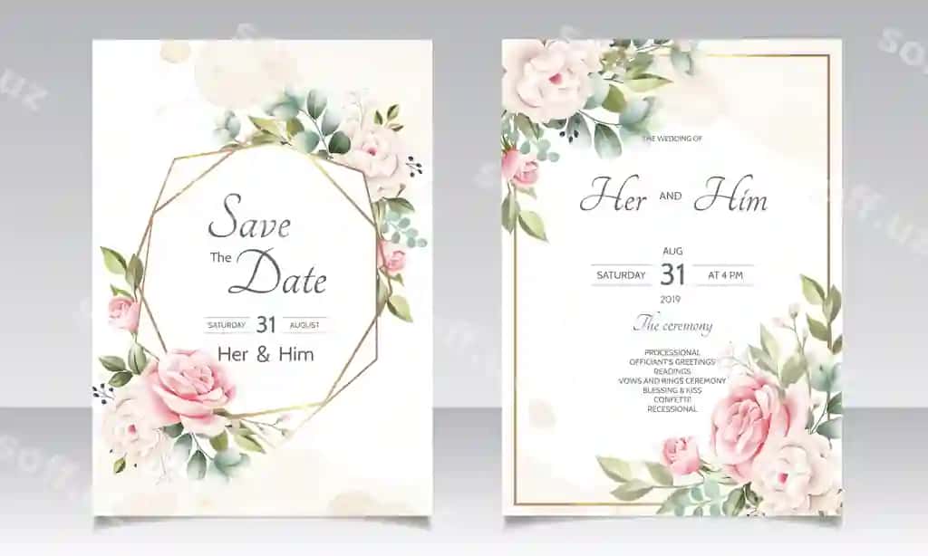 Chiroyli gulli garlandli turmali taklifnoma chiptasi shabloni | Beautiful floral wreath wedding invitation card template