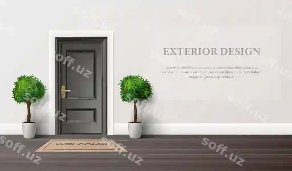 Realistik vektor illustratsiya uy kirish eshik bilan qavatdagi o'simliklar | Realistic vector illustration house entrance door with floor plants