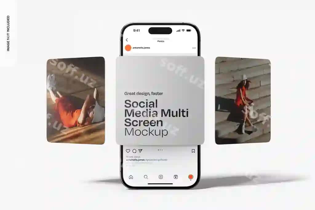 Ijtimoiy tarmoqlar ko'plab ekranlarning suza turadigan shabloni | Social media multi screens mockup floating 2