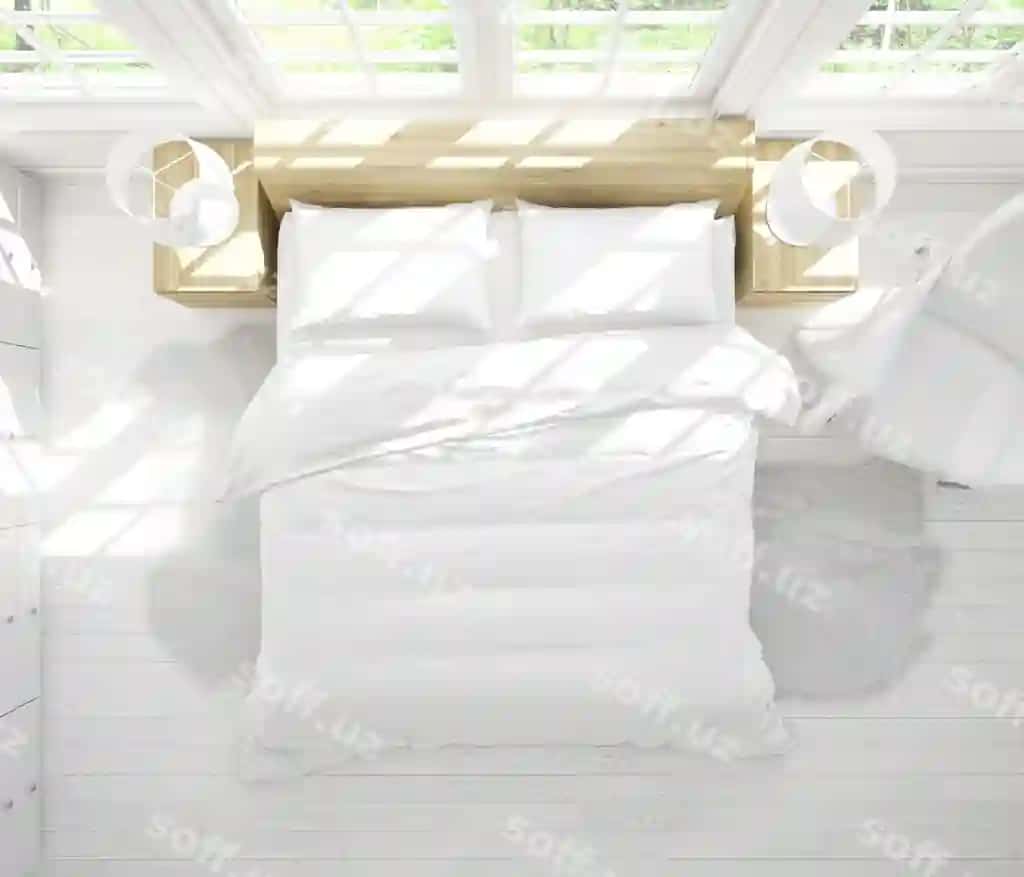 Zamonaviy ikkalasi uy namunasi, yorqin uy xonasining yuqori ko'rinishi | Modern double bed mockup bright bedroom top view