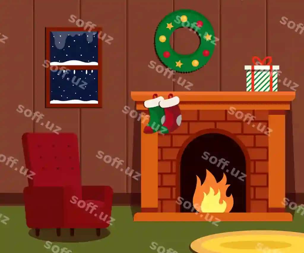 Chiroq oynasi ichki dizayn shabloni illustratsiyasi qish | Fireplace interior design template illustration winter