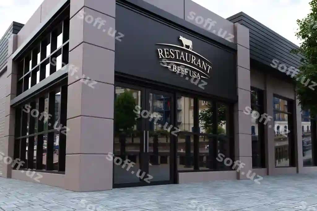 Restoran fassada logotip namunasi | Restaurant facade logo mockup 2