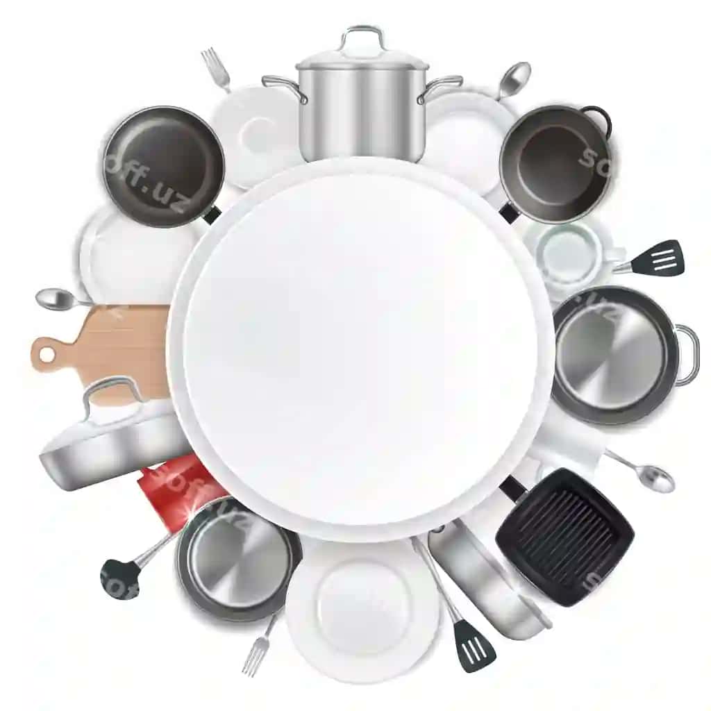 Ramka oshpazlik asboblari va loviyalar bilan realistic vektor illustratsiya | Frame with kitchen utensils dishes realistic vector illustration