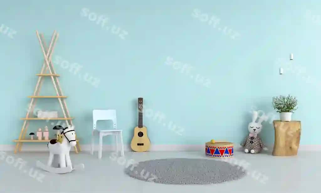 Ko'k stul gitara bola xona model 3d render | Blue chair guitar child room mockup 3d rendering