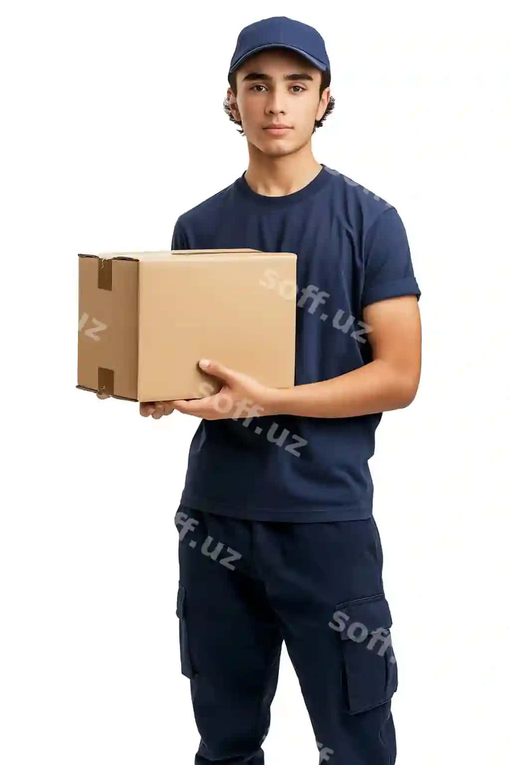 To'liq jismdagi erkak ko'k futbolkada qutini tutmoqda yetkazib beruvchi bala kontseptsiyasi | Full body man blue shirt is holding box delivery boy concept