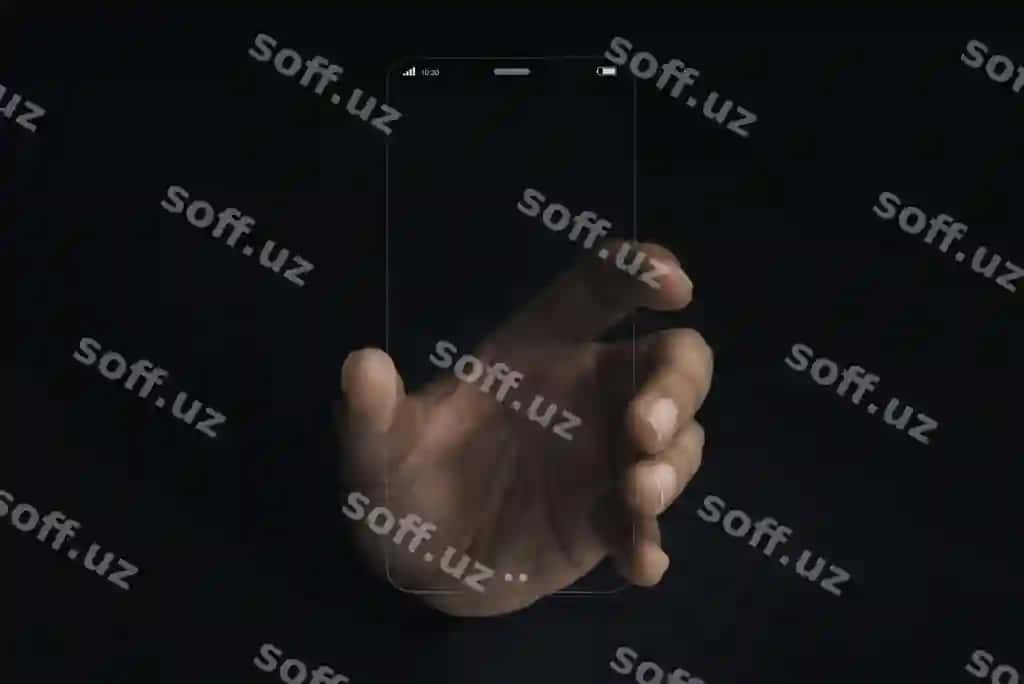 Kelajakli shaffof shisha telefon texnologiyasi super sothin shaffof kelajakli smartfon vertikal model bo'sh ekran qolqin qorong'i fonda | Futuristic transparent glass phone technology super slim transparent future smartphone with vertical mock up blank screen hand dark background