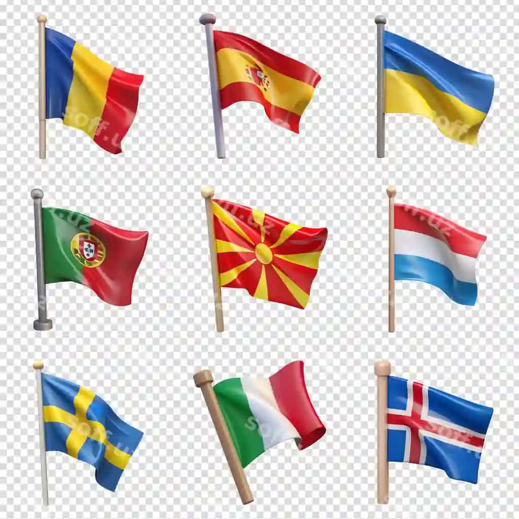 Dalalayotgan Yevropa bayrog'lari Ukraina, Ispaniya, Shvetsiya, Ruminiya, Portugaliya, Shimolda | Waving european flags ukraine spain sweden romania portugal north
