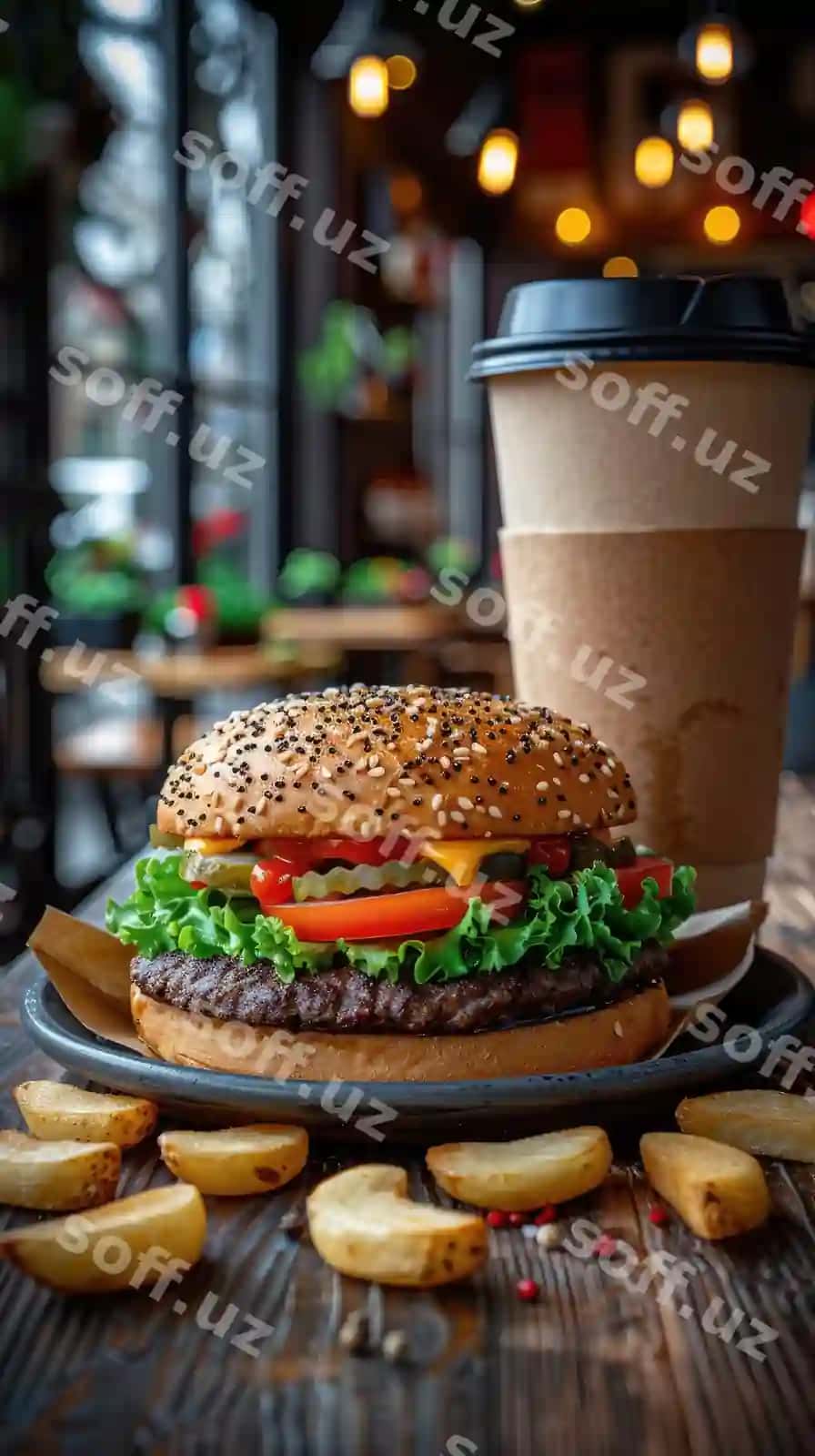 Klassik fast food kombinatsiyasi hamburger, fri, oq katta | Classic fast food combo hamburger fries white plate