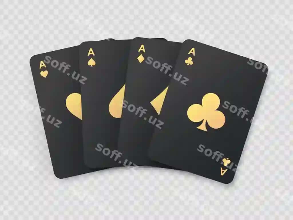 Qora poker kartalari oltin belgilar bilan, oltin karta movalari, to'rt as | Black poker cards with gold symbols golden card suits four aces