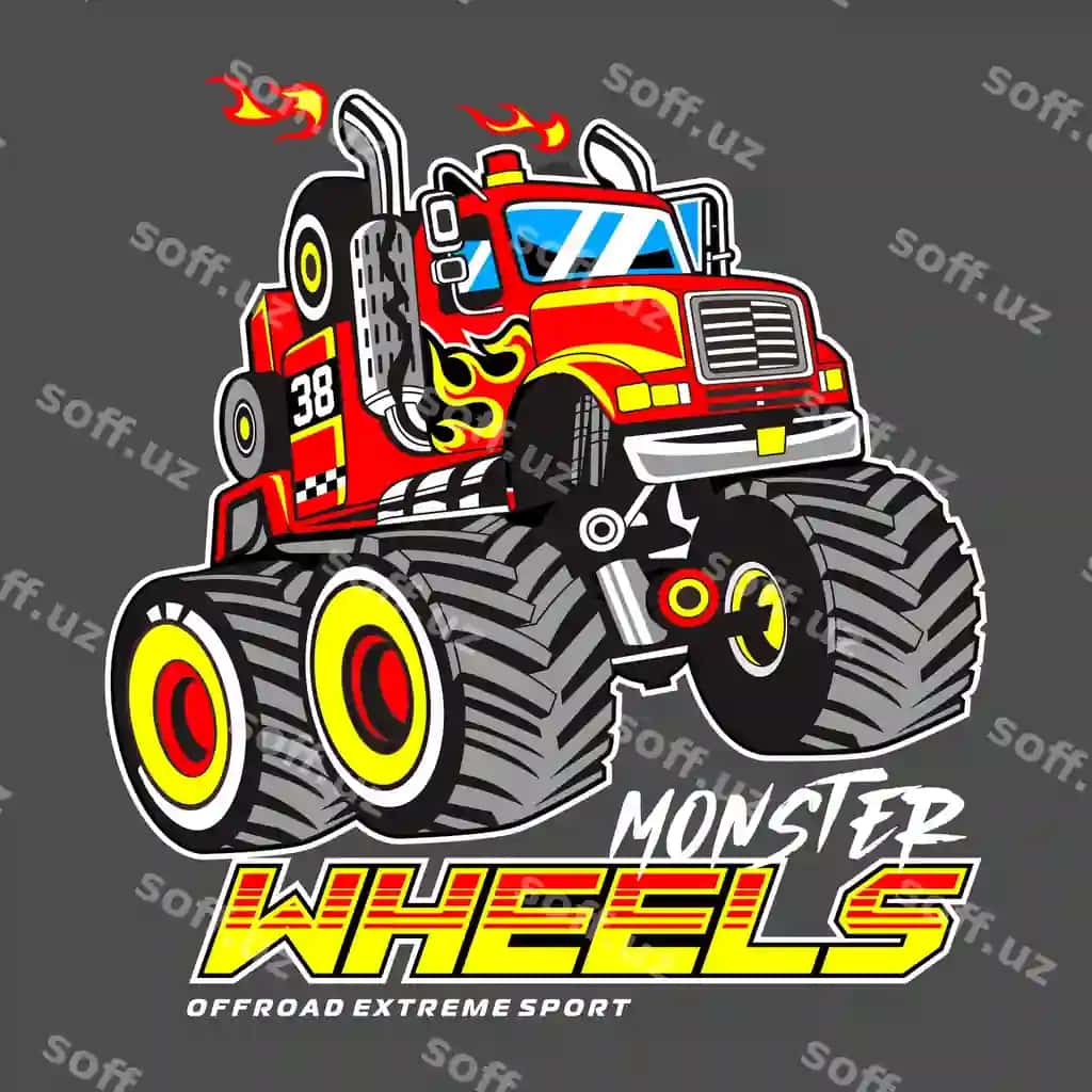 Mons yuk avtomobili ki mons g'ildiraklari deb aytadi. | Monster truck that says monster wheels it