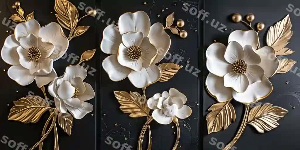 Elegant uch oʻlchovli gulli panelar oqqizil oltin gullar bilan | Elegant 3d floral panels with white gold flowers 2