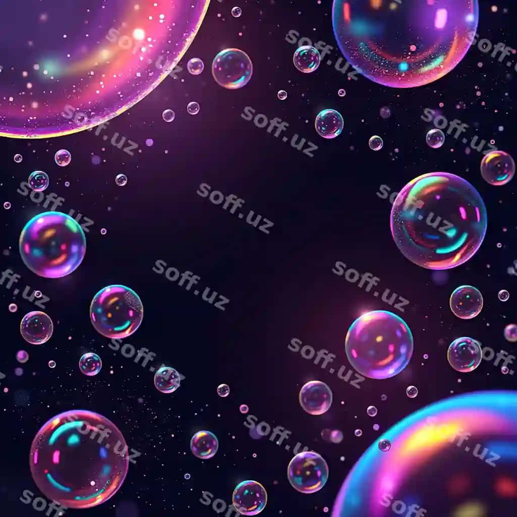 Turli hajmlardagi binofa sova burchi qora binafsha orqa fonda faza matn bilan | Rainbow soap bubbles different sizes dark purple background with space text