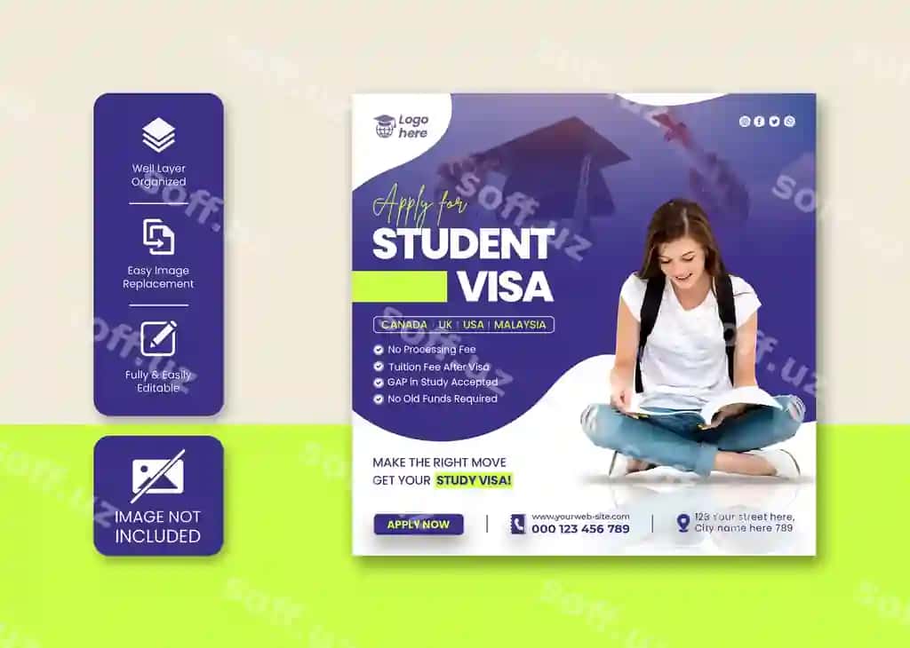 Chet ellarda o'quv ta'limi Instagram posti Ijtimoiy tarmoqlar posti Banner shablon | Study abroad education instagram post social media post banner template