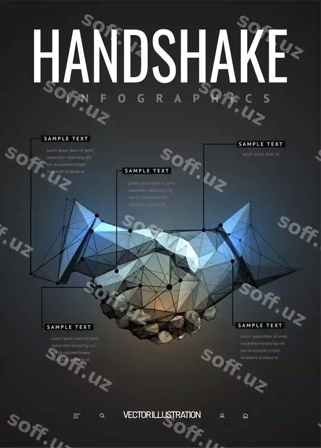 Qoshishuvchi infografikalar poligonalli wireframe uslubi | Handshake infographics polygonal wireframe style 2