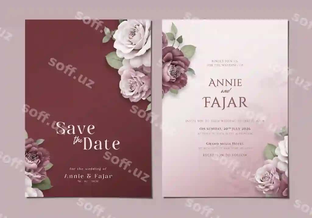 Psd turerga taklifnoma ikki tomonlama shablon chiroyli gul to'plami bilan | Psd wedding invitation two sided template with beautiful rose bouquet