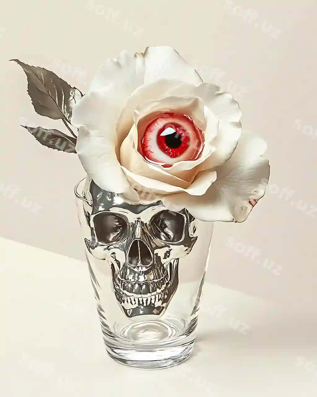 Bor shisha vaza oq atirgul bilan. | There is glass vase with white rose it