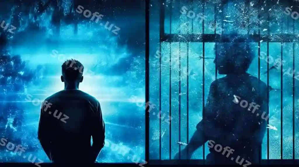 Siluet erkak qutiqcha ko'k fonda orqali bepul habsizlik generativ sun'iy intellekt | Silhouette man cage against blue background free imprisonment generative ai