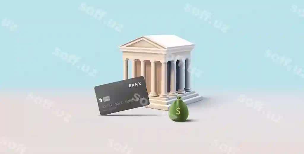 Bank bino 3d realistik render illustratsiyasi pul va kredit sumkasi bilan | Bank building 3d realistic render illustration with bag money credit
