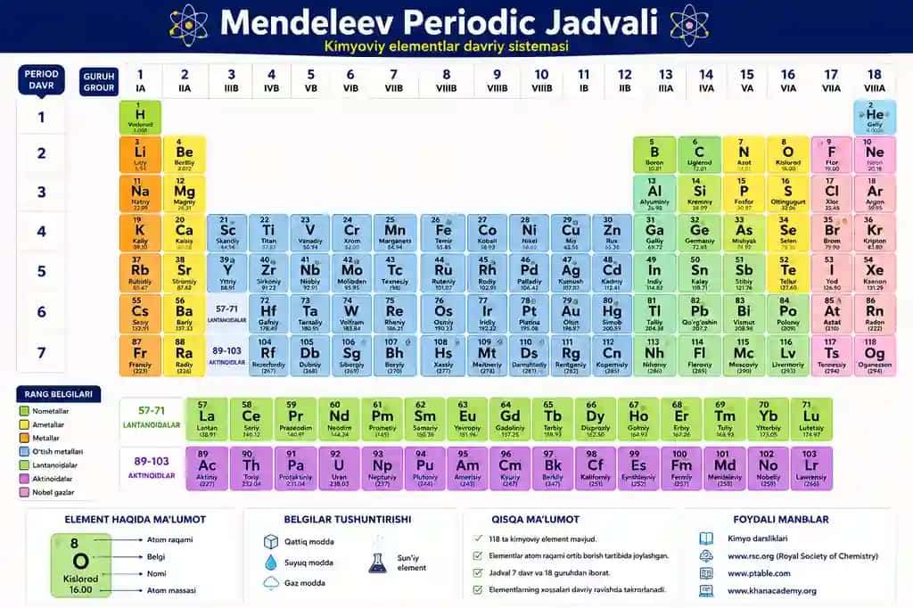 Mendeleyev Kimyoviy Elementlar Davriy Jadvali – Rangli va Tushunarli