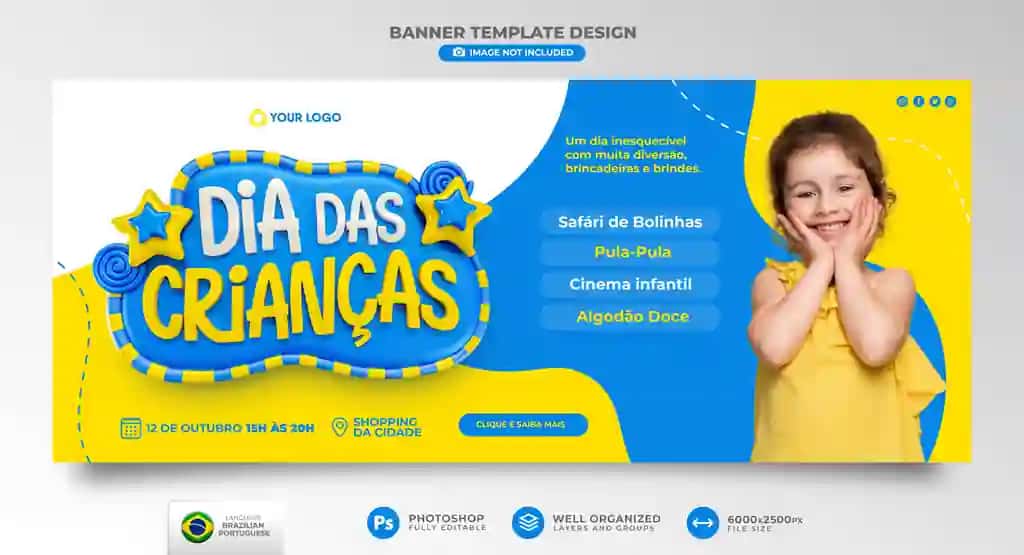 Bolalar kuni banneri 3D render marketing kampaniyasi Braziliya portugal tilida | Children s day banner 3d render marketing campaign brazil portuguese