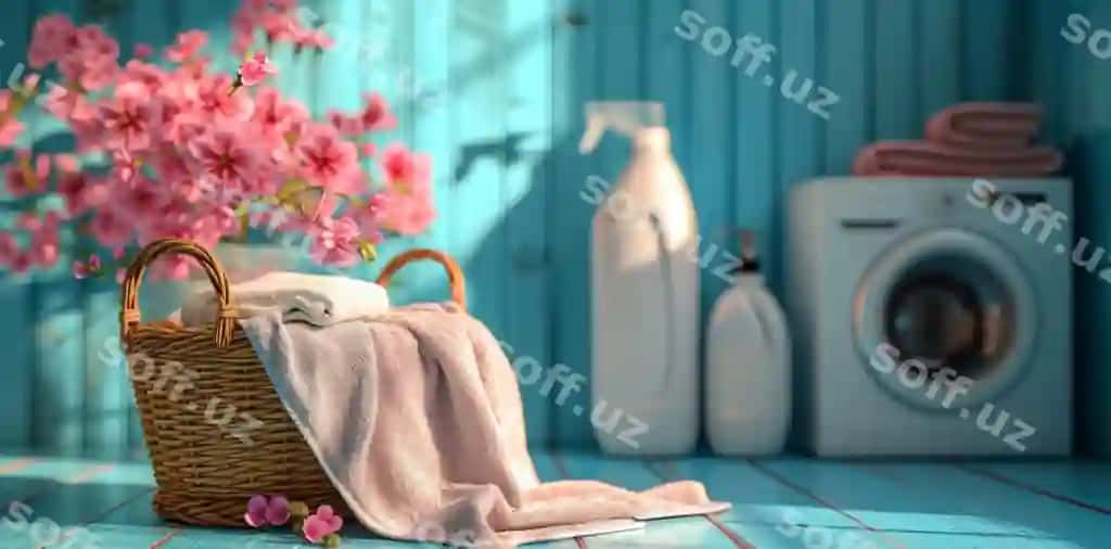 Yuvish mashinasi oldidagi gül barglari rosa rangda, ko'k qavat, me'monona uy sohibi joyi | Laundry basket with pink flowers washing machine blue wooden floor cozy home setting