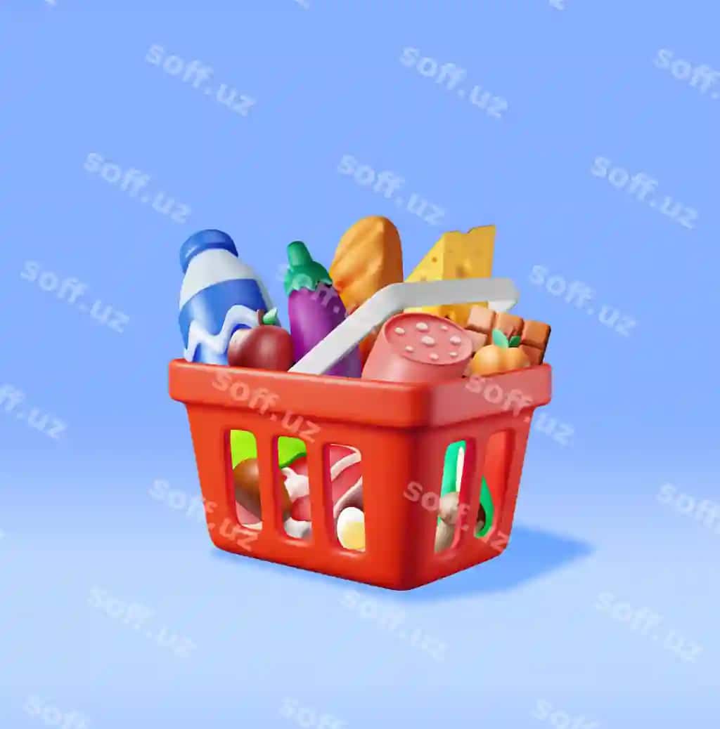 3D xarid plastik savati taze mahsulotlar bilan do'kon renderi | 3d shopping plastic basket with fresh products render grocery store