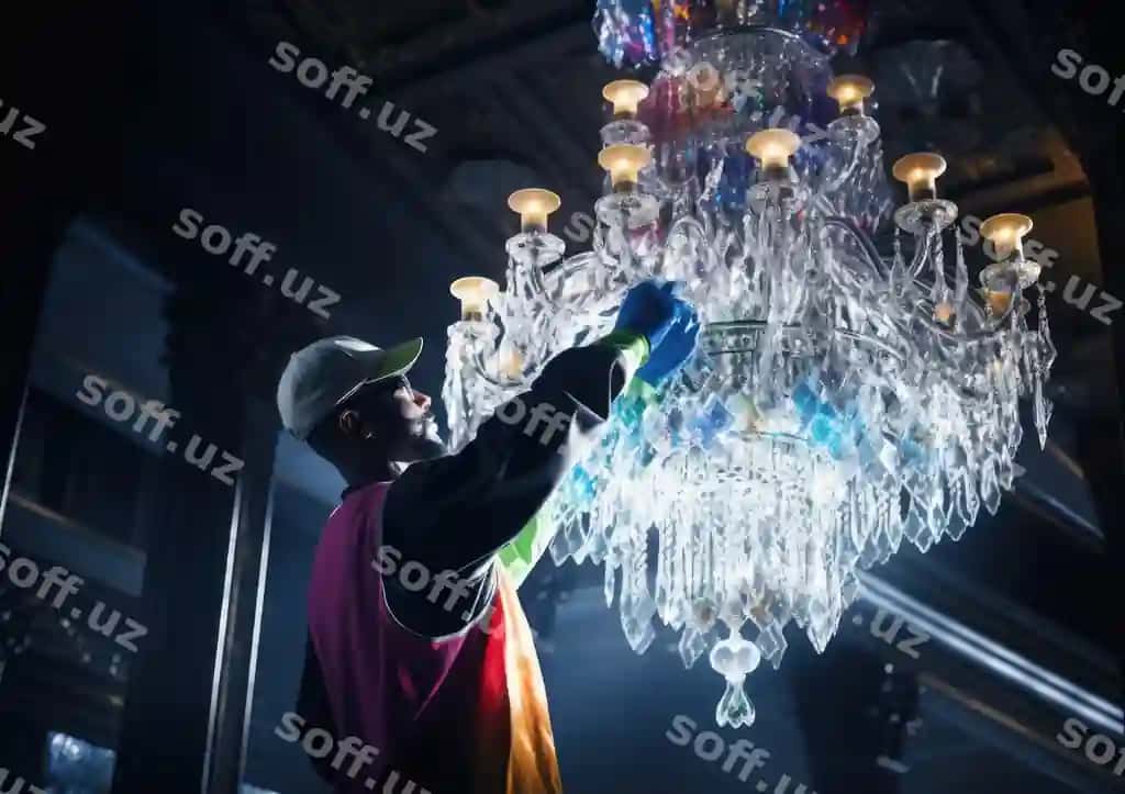 Yorug'likni sindirish xususiyatiga ega fotorealistik tasvirni saqlaydigan jilolovchi kristall qandil | Photorealistic image custodian polishing crystal chandelier with light refracting