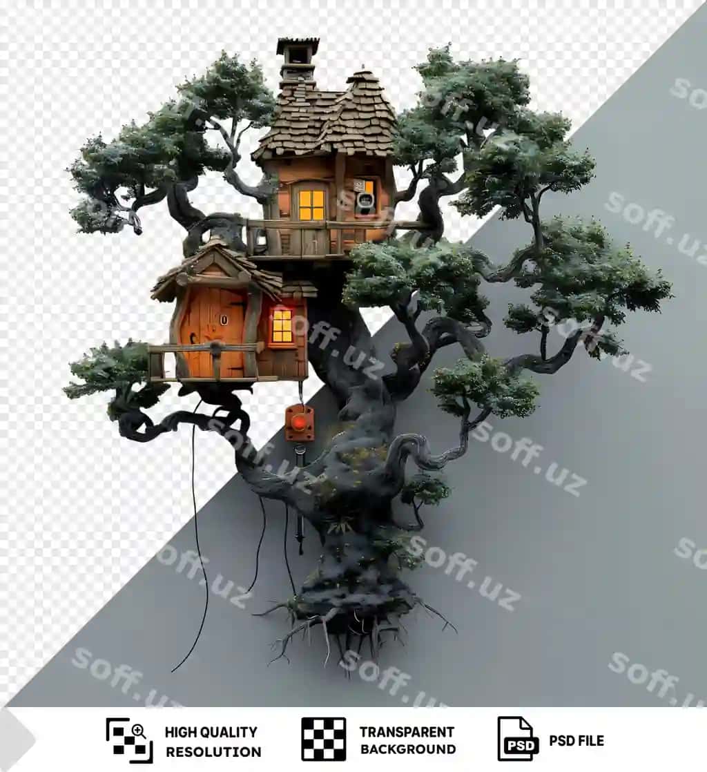 Issiq daraxt uy barakali daraxtga o'ralgan, shaffof fonda | Cozy treehouse nestled lush tree with transparent background