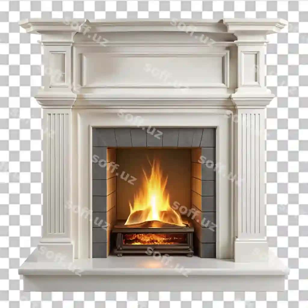 Qulay oq kamin ajraltirilgan shaffof orqa fonda | Cozy white fireplace isolated transparent background