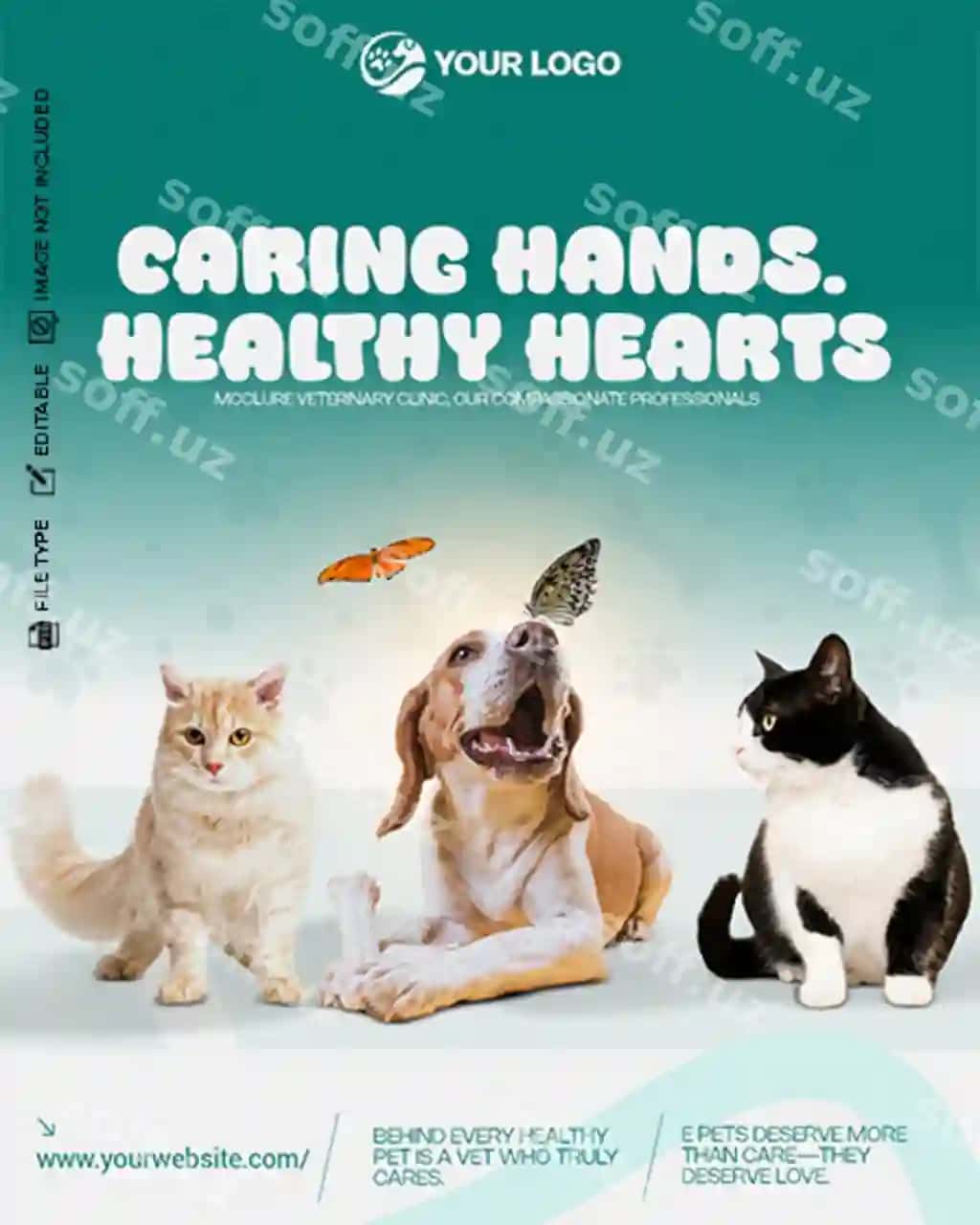 G'amparadosh qollar sog'igan yuraklar uchun uy shtaboti klinikasi chizivnoma | Caring hands healthy hearts pet care clinic poster