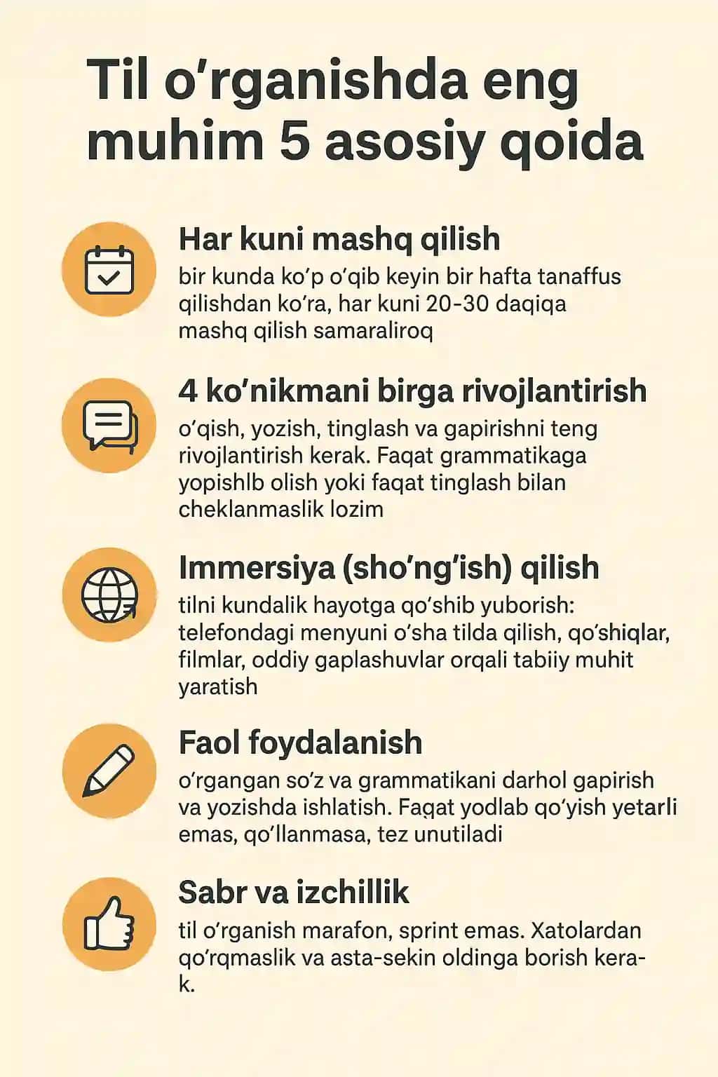 til oʻrganishning asosiy 5 qoidasi